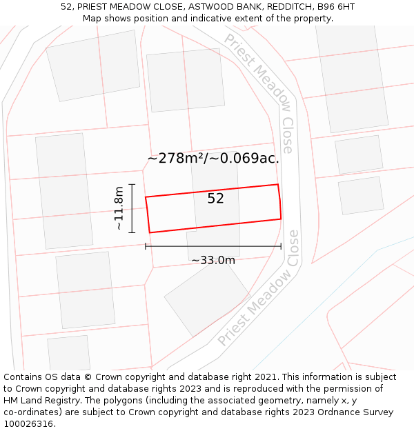52, PRIEST MEADOW CLOSE, ASTWOOD BANK, REDDITCH, B96 6HT: Plot and title map