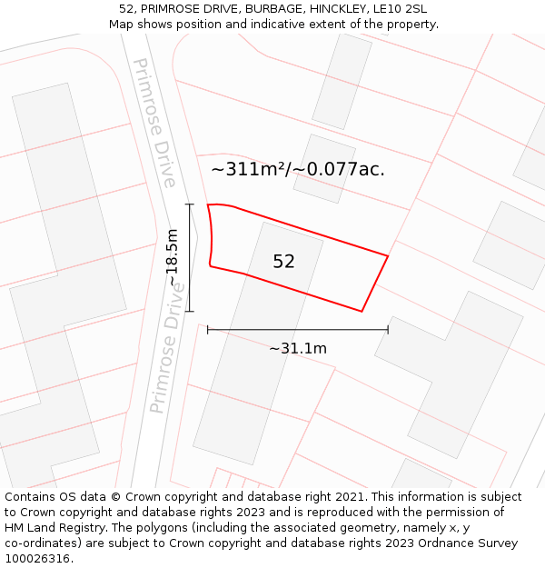 52, PRIMROSE DRIVE, BURBAGE, HINCKLEY, LE10 2SL: Plot and title map