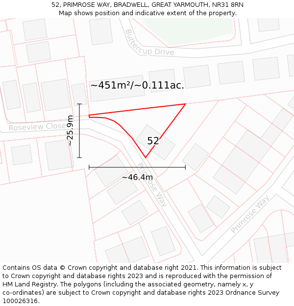 52, PRIMROSE WAY, BRADWELL, GREAT YARMOUTH, NR31 8RN: Plot and title map