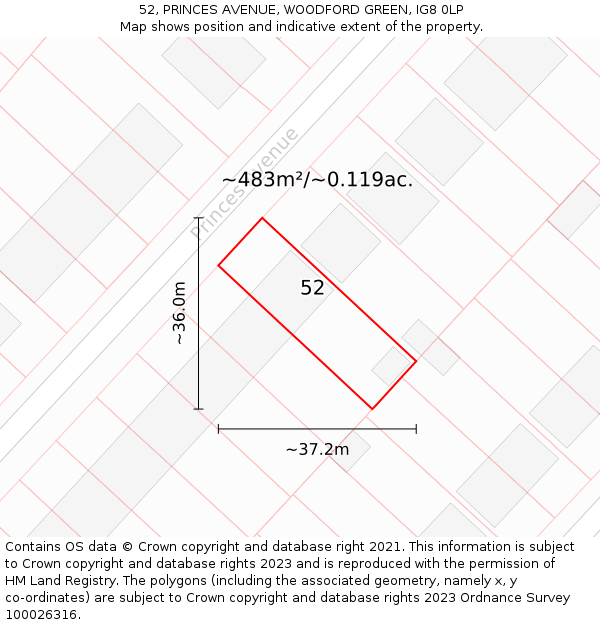 52, PRINCES AVENUE, WOODFORD GREEN, IG8 0LP: Plot and title map