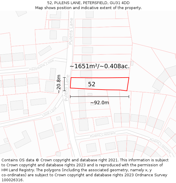 52, PULENS LANE, PETERSFIELD, GU31 4DD: Plot and title map