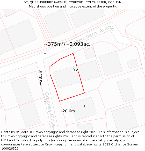 52, QUEENSBERRY AVENUE, COPFORD, COLCHESTER, CO6 1YN: Plot and title map