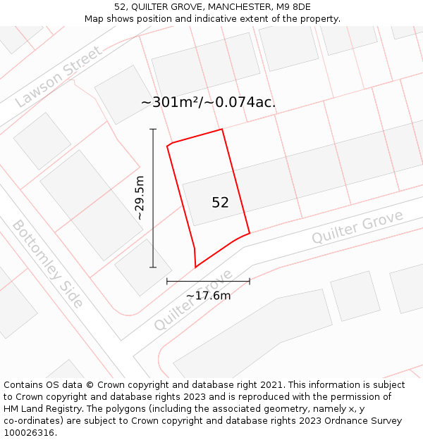 52, QUILTER GROVE, MANCHESTER, M9 8DE: Plot and title map