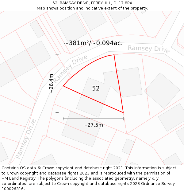 52, RAMSAY DRIVE, FERRYHILL, DL17 8PX: Plot and title map