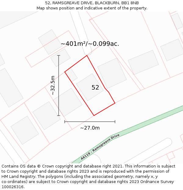 52, RAMSGREAVE DRIVE, BLACKBURN, BB1 8NB: Plot and title map