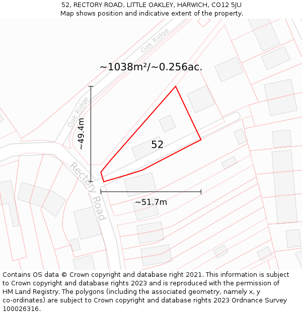 52, RECTORY ROAD, LITTLE OAKLEY, HARWICH, CO12 5JU: Plot and title map