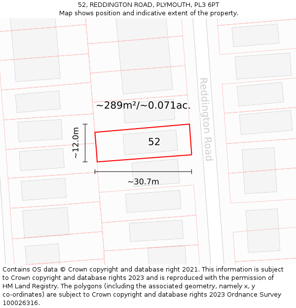 52, REDDINGTON ROAD, PLYMOUTH, PL3 6PT: Plot and title map