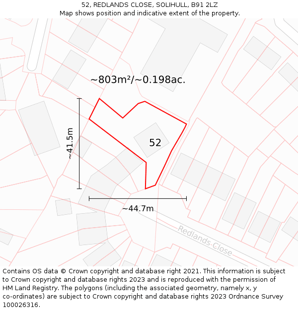 52, REDLANDS CLOSE, SOLIHULL, B91 2LZ: Plot and title map