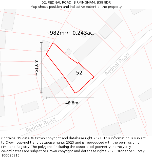 52, REDNAL ROAD, BIRMINGHAM, B38 8DR: Plot and title map