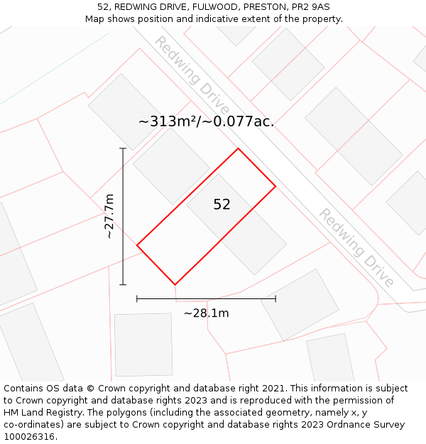 52, REDWING DRIVE, FULWOOD, PRESTON, PR2 9AS: Plot and title map