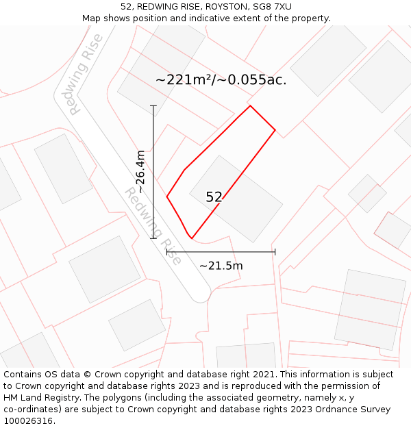 52, REDWING RISE, ROYSTON, SG8 7XU: Plot and title map
