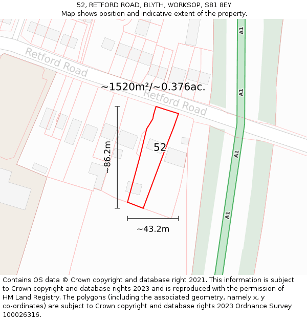 52, RETFORD ROAD, BLYTH, WORKSOP, S81 8EY: Plot and title map