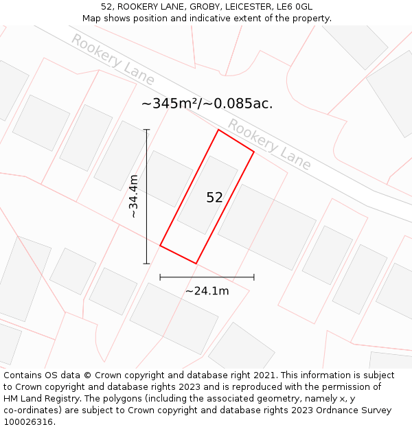 52, ROOKERY LANE, GROBY, LEICESTER, LE6 0GL: Plot and title map