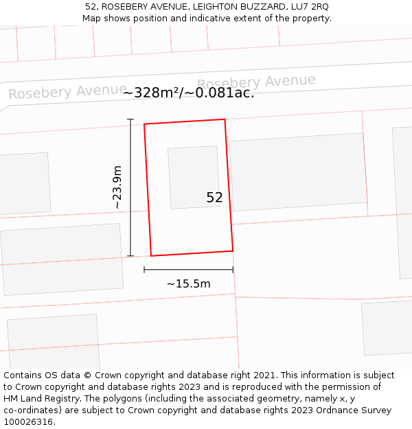 52, ROSEBERY AVENUE, LEIGHTON BUZZARD, LU7 2RQ: Plot and title map