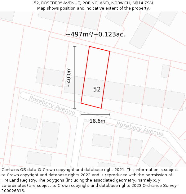 52, ROSEBERY AVENUE, PORINGLAND, NORWICH, NR14 7SN: Plot and title map