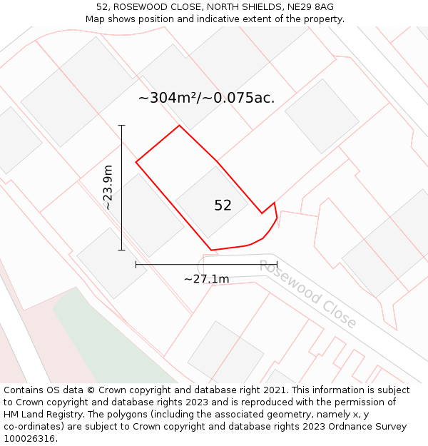 52, ROSEWOOD CLOSE, NORTH SHIELDS, NE29 8AG: Plot and title map