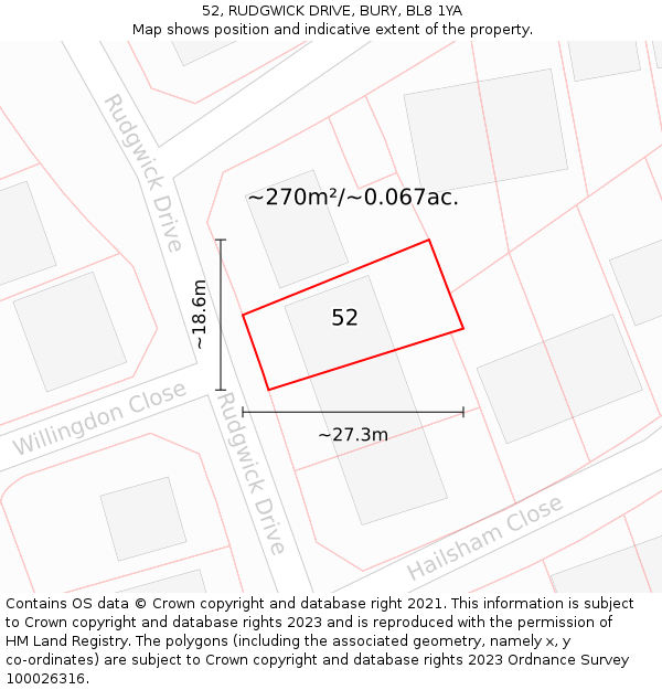 52, RUDGWICK DRIVE, BURY, BL8 1YA: Plot and title map