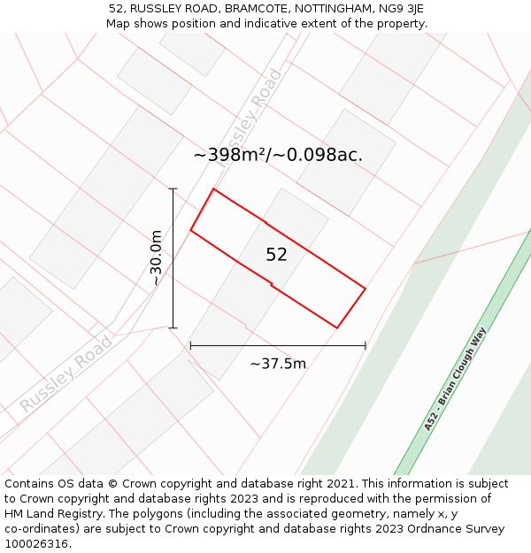 52, RUSSLEY ROAD, BRAMCOTE, NOTTINGHAM, NG9 3JE: Plot and title map