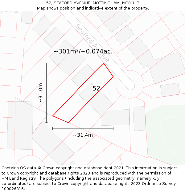 52, SEAFORD AVENUE, NOTTINGHAM, NG8 1LB: Plot and title map