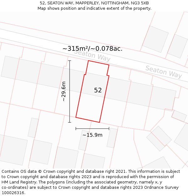 52, SEATON WAY, MAPPERLEY, NOTTINGHAM, NG3 5XB: Plot and title map