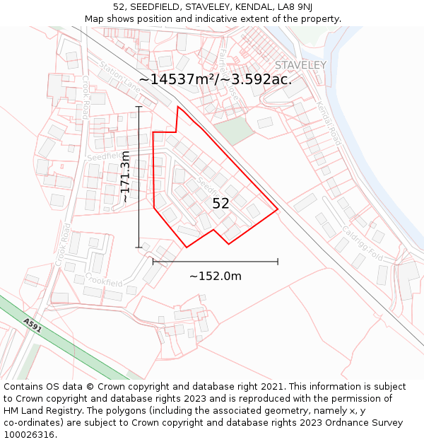 52, SEEDFIELD, STAVELEY, KENDAL, LA8 9NJ: Plot and title map