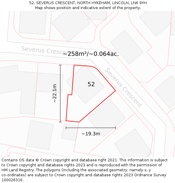52, SEVERUS CRESCENT, NORTH HYKEHAM, LINCOLN, LN6 9YH: Plot and title map