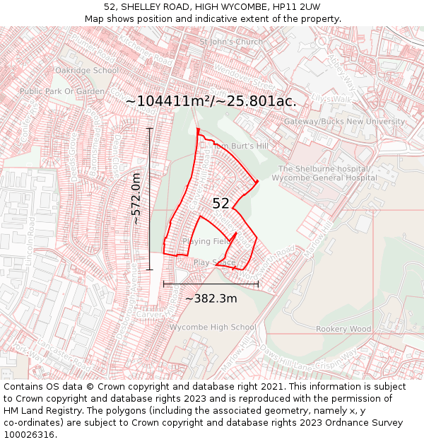 52, SHELLEY ROAD, HIGH WYCOMBE, HP11 2UW: Plot and title map