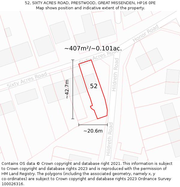 52, SIXTY ACRES ROAD, PRESTWOOD, GREAT MISSENDEN, HP16 0PE: Plot and title map