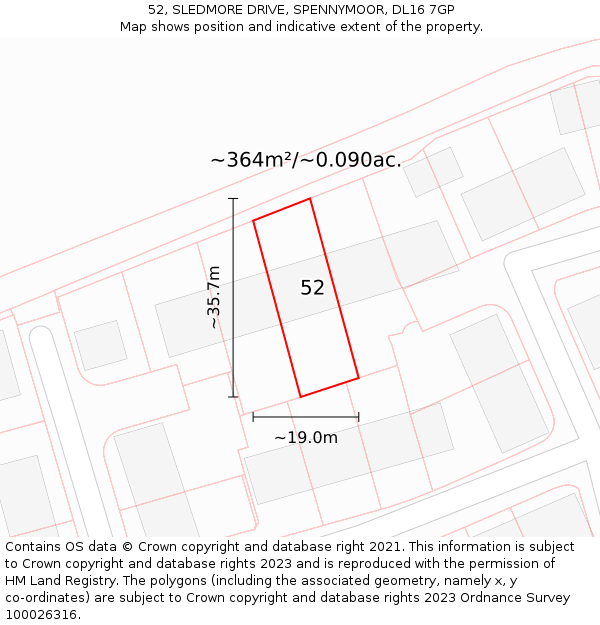 52, SLEDMORE DRIVE, SPENNYMOOR, DL16 7GP: Plot and title map