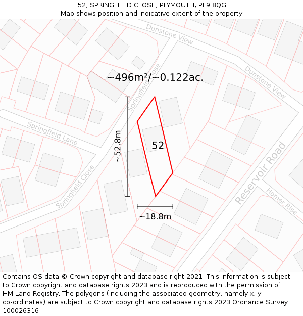 52, SPRINGFIELD CLOSE, PLYMOUTH, PL9 8QG: Plot and title map