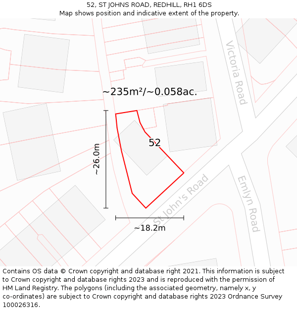 52, ST JOHNS ROAD, REDHILL, RH1 6DS: Plot and title map