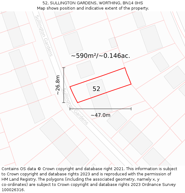 52, SULLINGTON GARDENS, WORTHING, BN14 0HS: Plot and title map