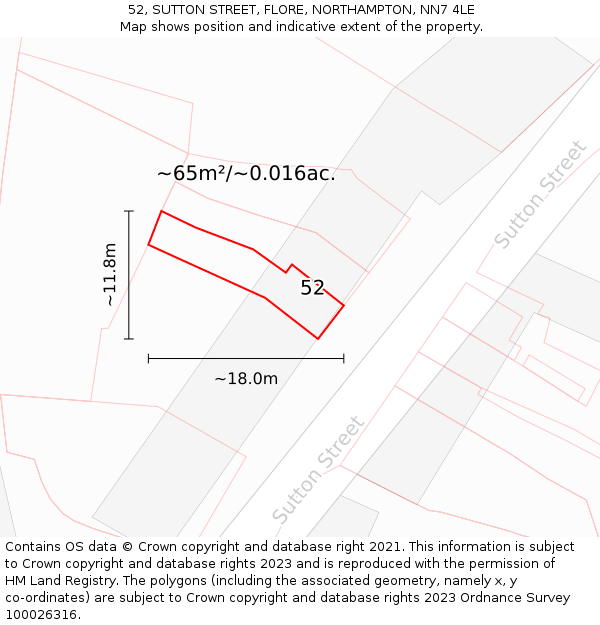 52, SUTTON STREET, FLORE, NORTHAMPTON, NN7 4LE: Plot and title map