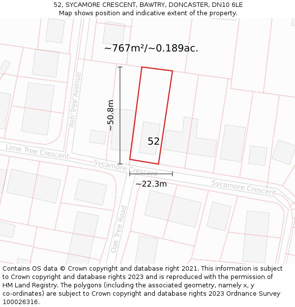 52, SYCAMORE CRESCENT, BAWTRY, DONCASTER, DN10 6LE: Plot and title map