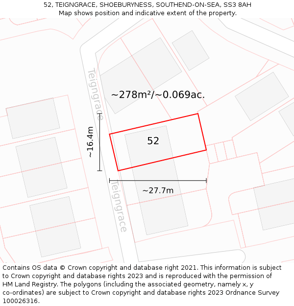 52, TEIGNGRACE, SHOEBURYNESS, SOUTHEND-ON-SEA, SS3 8AH: Plot and title map