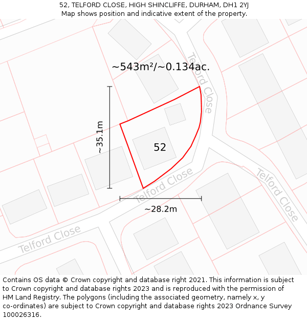 52, TELFORD CLOSE, HIGH SHINCLIFFE, DURHAM, DH1 2YJ: Plot and title map