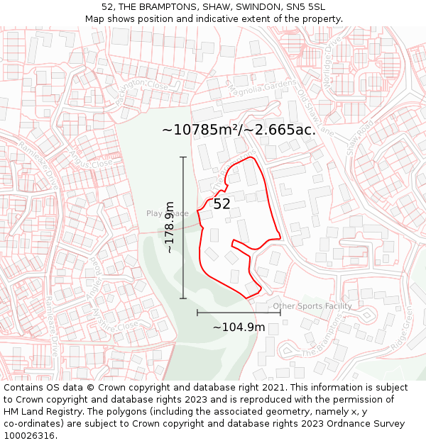 52, THE BRAMPTONS, SHAW, SWINDON, SN5 5SL: Plot and title map