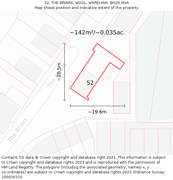 52, THE BRIARS, WOOL, WAREHAM, BH20 6NA: Plot and title map