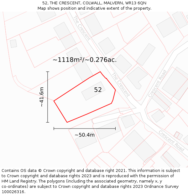 52, THE CRESCENT, COLWALL, MALVERN, WR13 6QN: Plot and title map