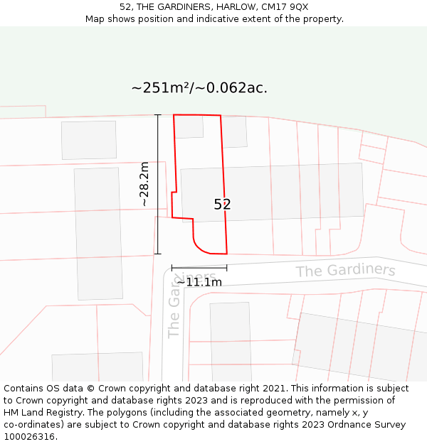 52, THE GARDINERS, HARLOW, CM17 9QX: Plot and title map