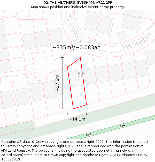 52, THE HEATHERS, EVESHAM, WR11 2PF: Plot and title map