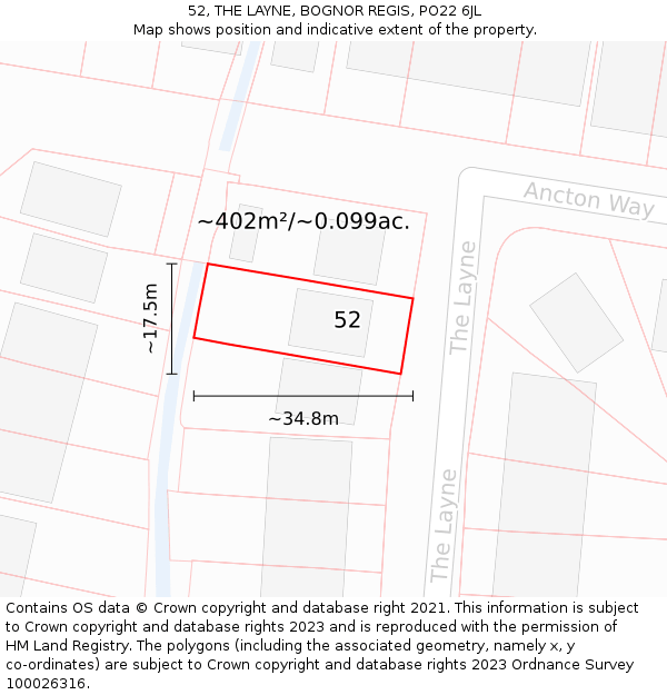 52, THE LAYNE, BOGNOR REGIS, PO22 6JL: Plot and title map