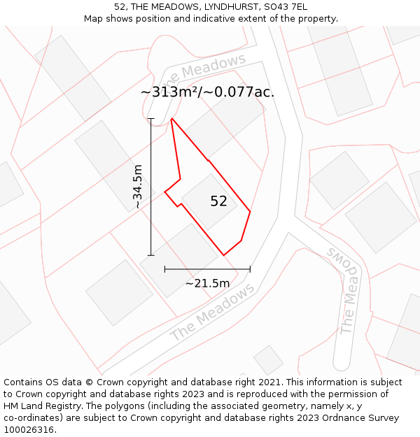 52, THE MEADOWS, LYNDHURST, SO43 7EL: Plot and title map