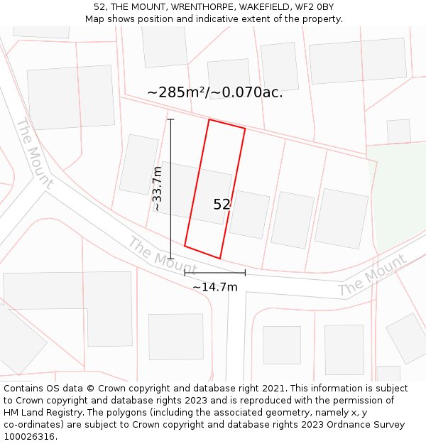 52, THE MOUNT, WRENTHORPE, WAKEFIELD, WF2 0BY: Plot and title map