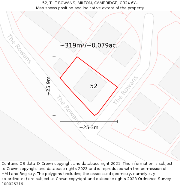 52, THE ROWANS, MILTON, CAMBRIDGE, CB24 6YU: Plot and title map