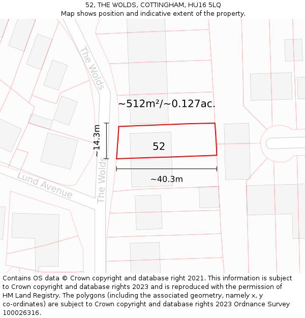 52, THE WOLDS, COTTINGHAM, HU16 5LQ: Plot and title map