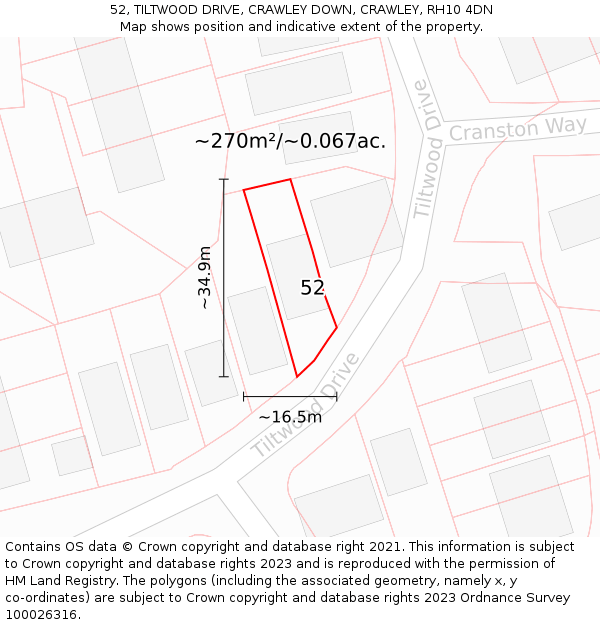 52, TILTWOOD DRIVE, CRAWLEY DOWN, CRAWLEY, RH10 4DN: Plot and title map