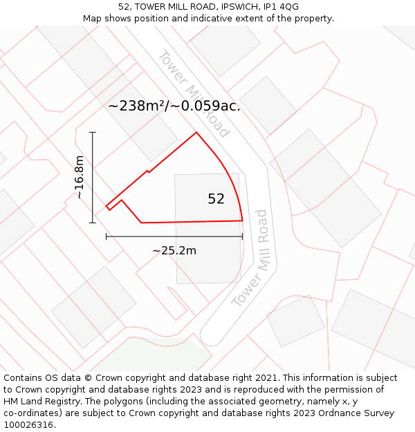 52, TOWER MILL ROAD, IPSWICH, IP1 4QG: Plot and title map