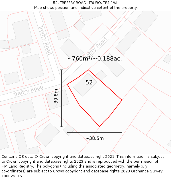 52, TREFFRY ROAD, TRURO, TR1 1WL: Plot and title map