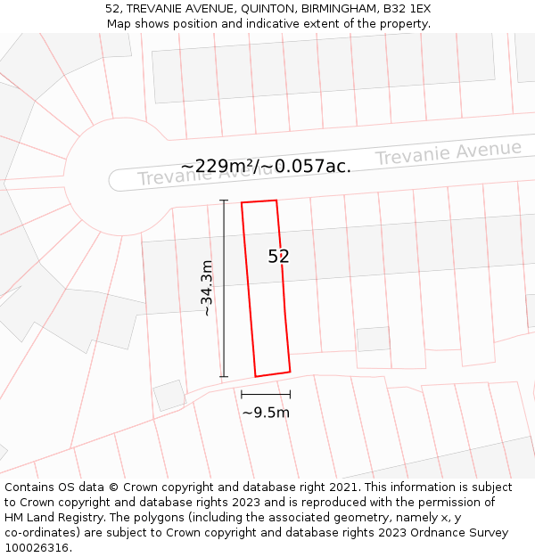 52, TREVANIE AVENUE, QUINTON, BIRMINGHAM, B32 1EX: Plot and title map